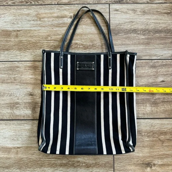 Kate Spade Griffen Tote Black Cream Stripe Cloth Leather Shoulder Bag - Picture 14 of 15